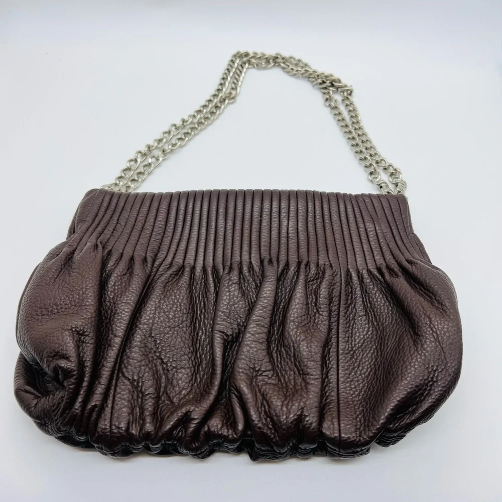 BODHI BROWN PEBBLED LEATHER SHOULDER BAG OR CLUTCH WITH SILVER CHAIN STRAPS
